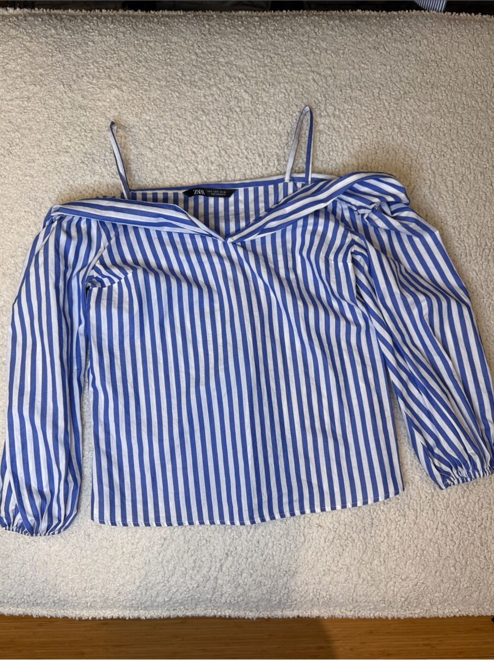 Zara Blue & White Striped Off-Shoulder Top